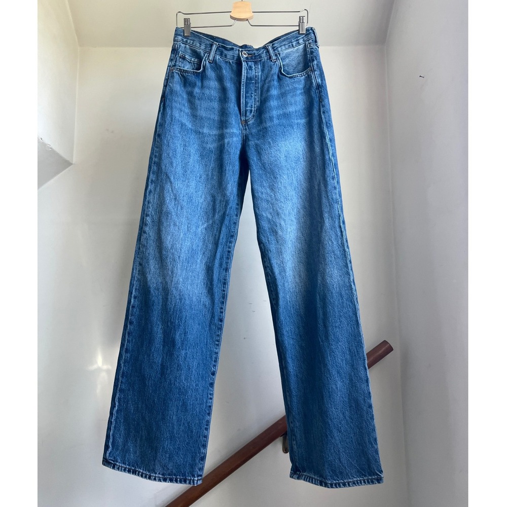 Zara High Rise Wide Leg Jeans 6 Blue Denim Button Fly 100% Cotton